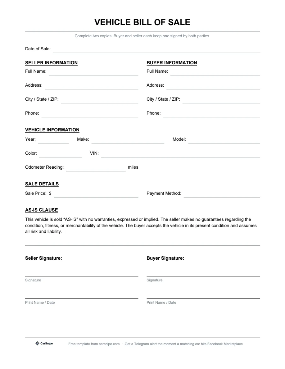 Preview of the CarSnipe vehicle bill of sale: seller, buyer, vehicle and sale fields with an as-is clause and two signature lines