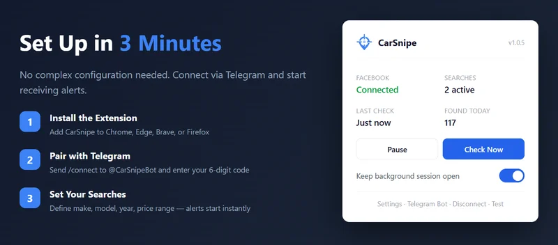 CarSnipe extension setup process showing 3 simple steps