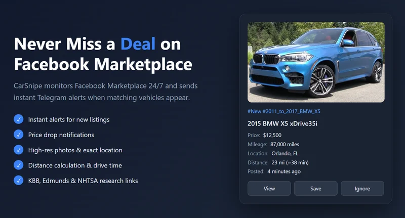 CarSnipe Telegram alert showing a 2015 BMW X5 with price, mileage, distance, drive time, and research links