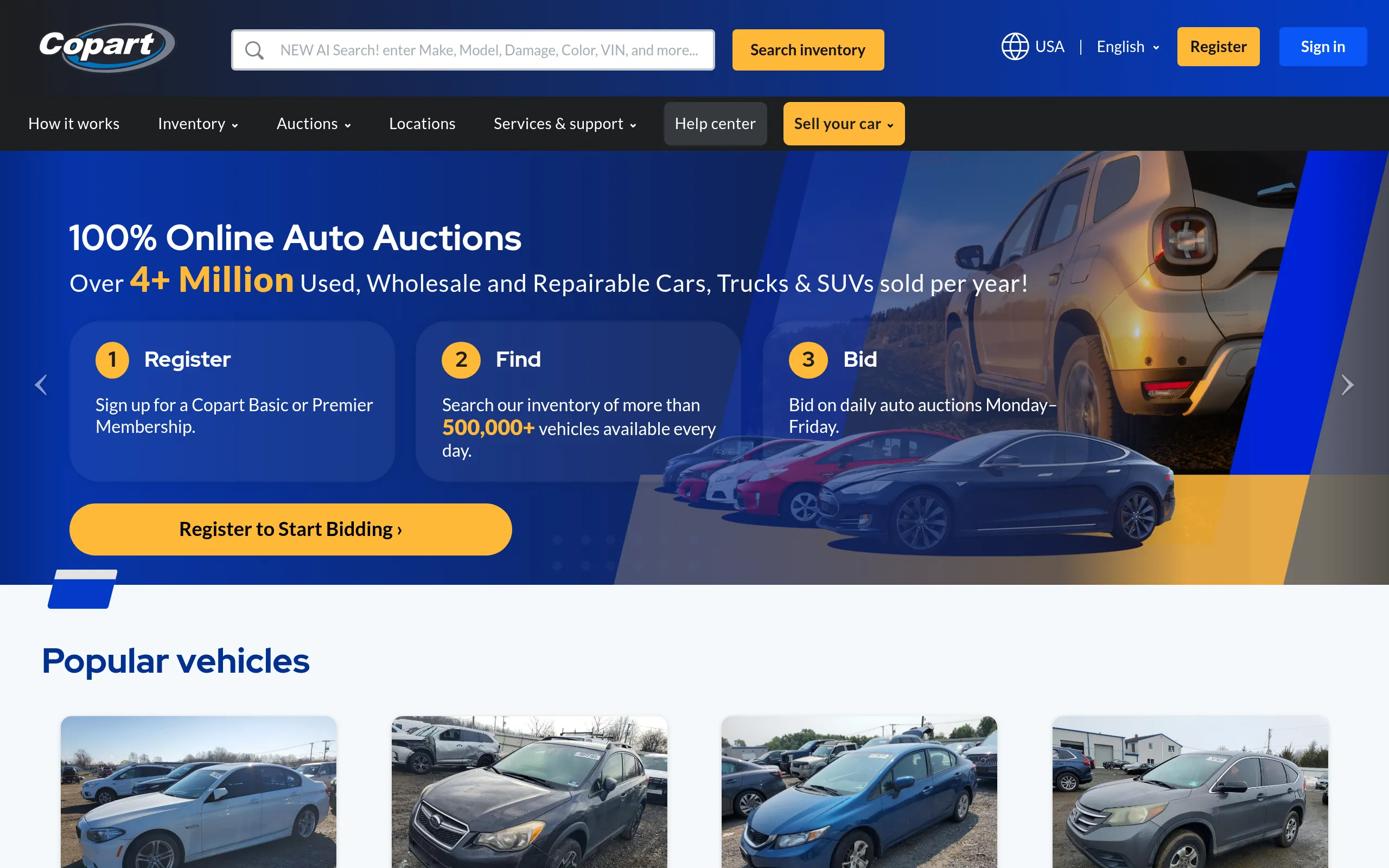 Copart online vehicle auction homepage