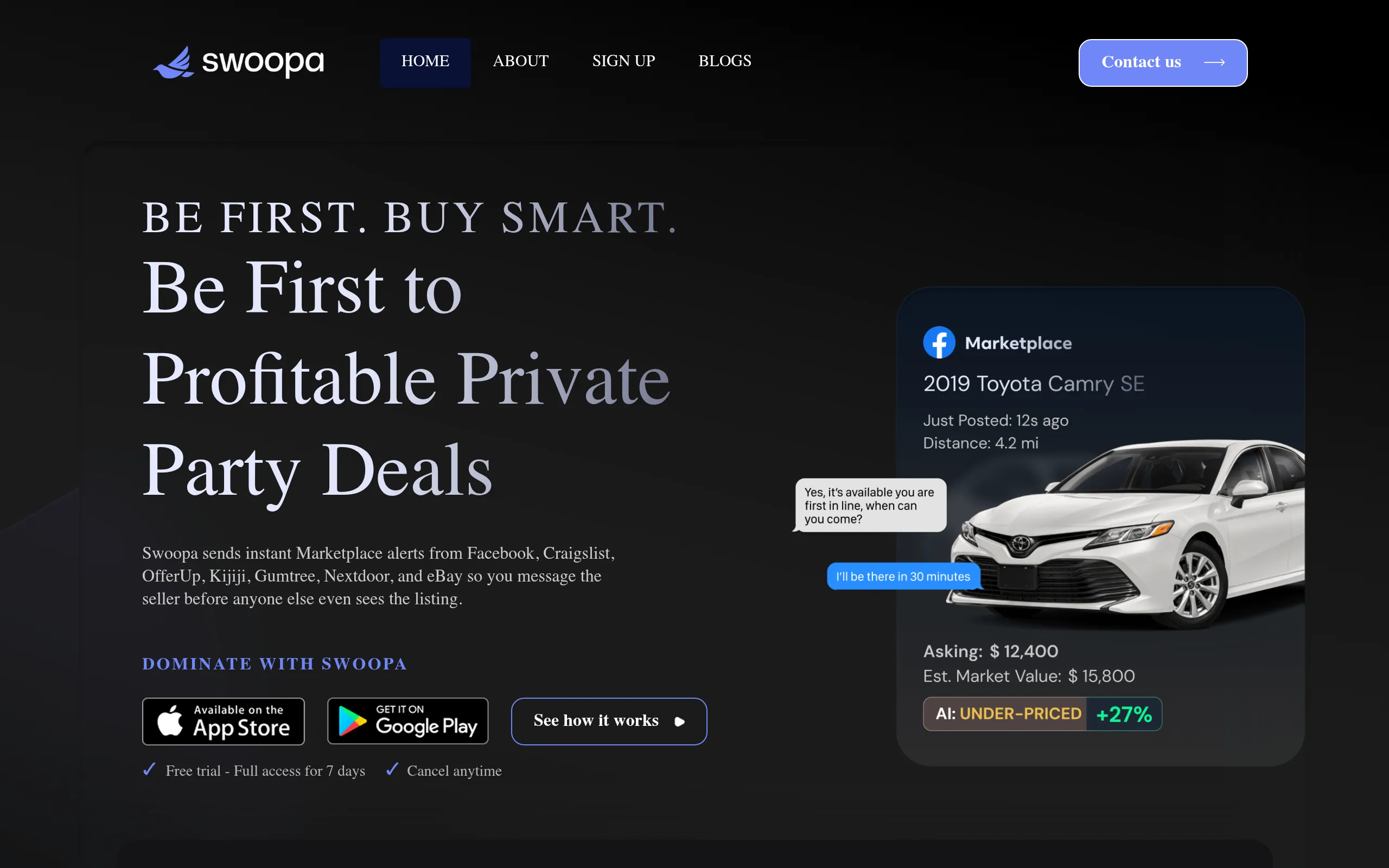 Swoopa homepage showing mobile app and cloud-based approach
