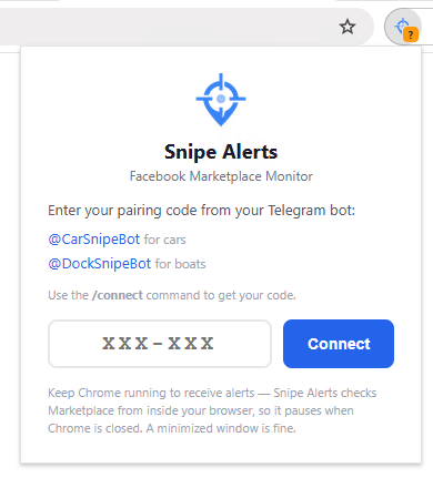 The CarSnipe extension popup with the pairing code box, opened from the pinned toolbar icon