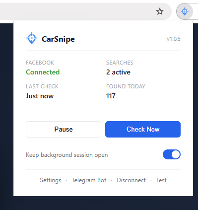 CarSnipe Chrome extension popup showing connected status and active searches