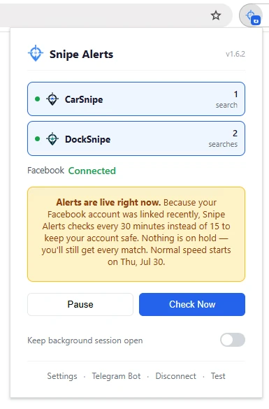 The CarSnipe browser extension popup