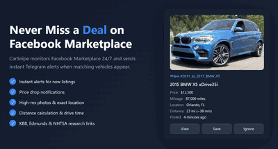 CarSnipe Telegram alert showing a BMW X5 listing with price, mileage, location, and drive time